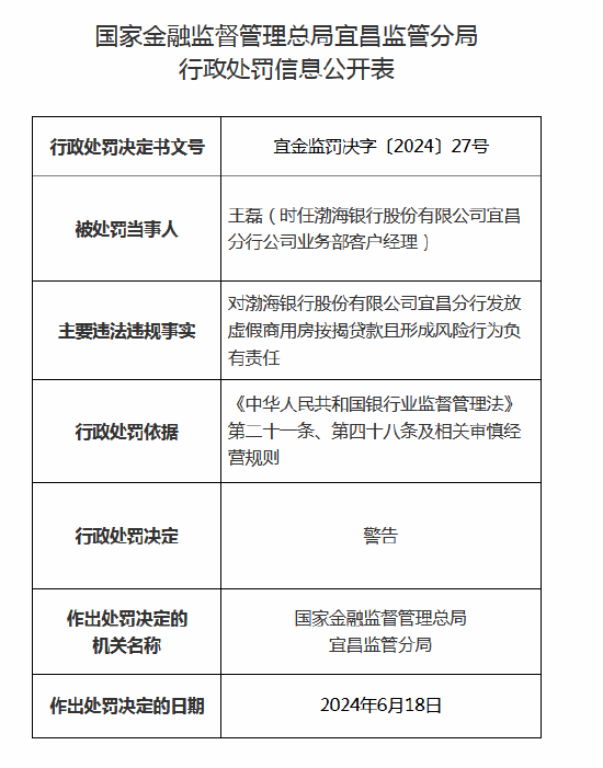 因发放虚假商用房按揭贷款且形成风险 渤海银行宜昌分行被罚45万元  第3张
